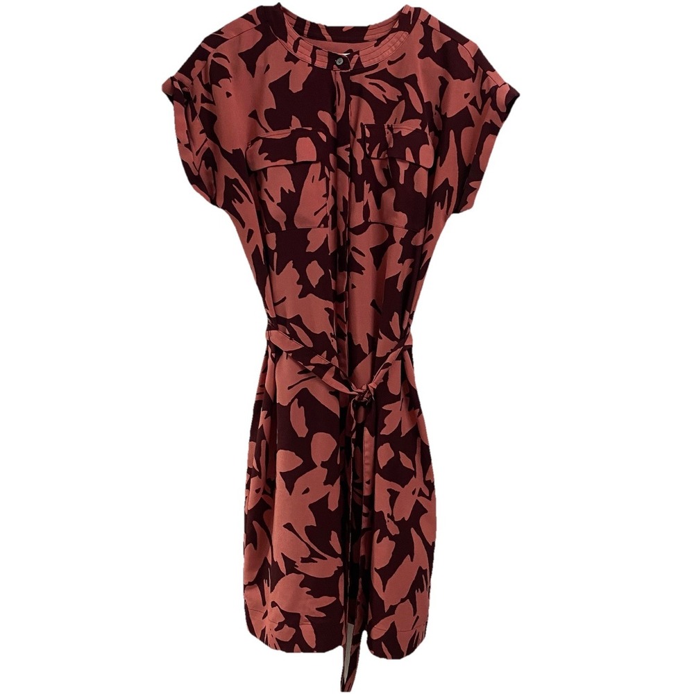 Loft Women Cap Sleeve Tie Waist Button Up Dress Floral Straight Pink&Brick 10